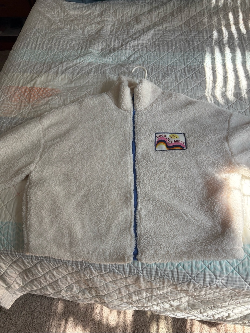 Grayson Threads Cream Sherpa Jacket with Rainbow Patch Accent